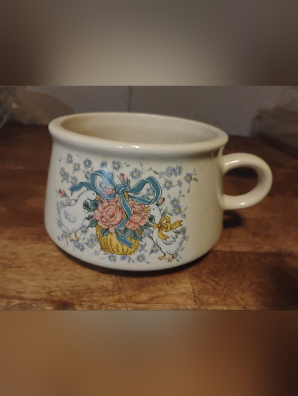 Vintage Country Geese Soup Mug Ceramic Bowl with Handle Ribbons Flowers Retro Co